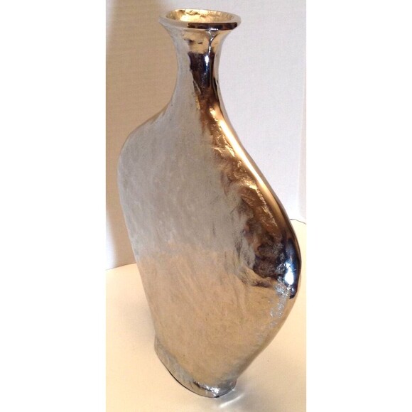 Silver Tone Vase 15" Hand Hammered Tooled Platinum Metal Mid Century Decor India - Picture 5 of 10